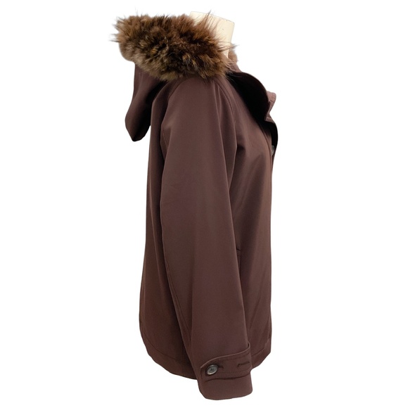 PRADA BROWN FUR TRIMMED HOODED BUTTON FRONT PADDED JACKET - Picture 2 of 6